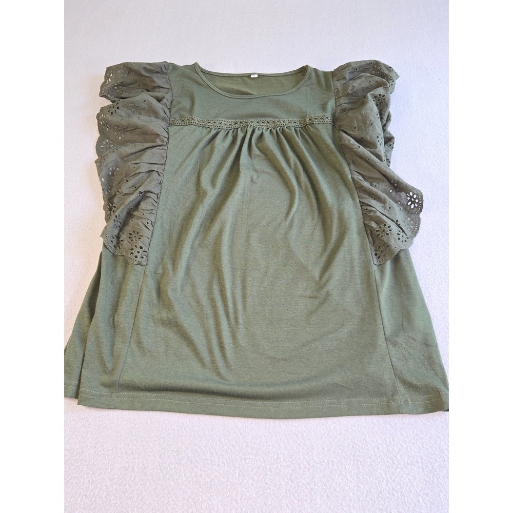 Unbranded Ruffle Sleeve Top Womens XL Olive Green Eyelet Lace Crochet Trim Boho